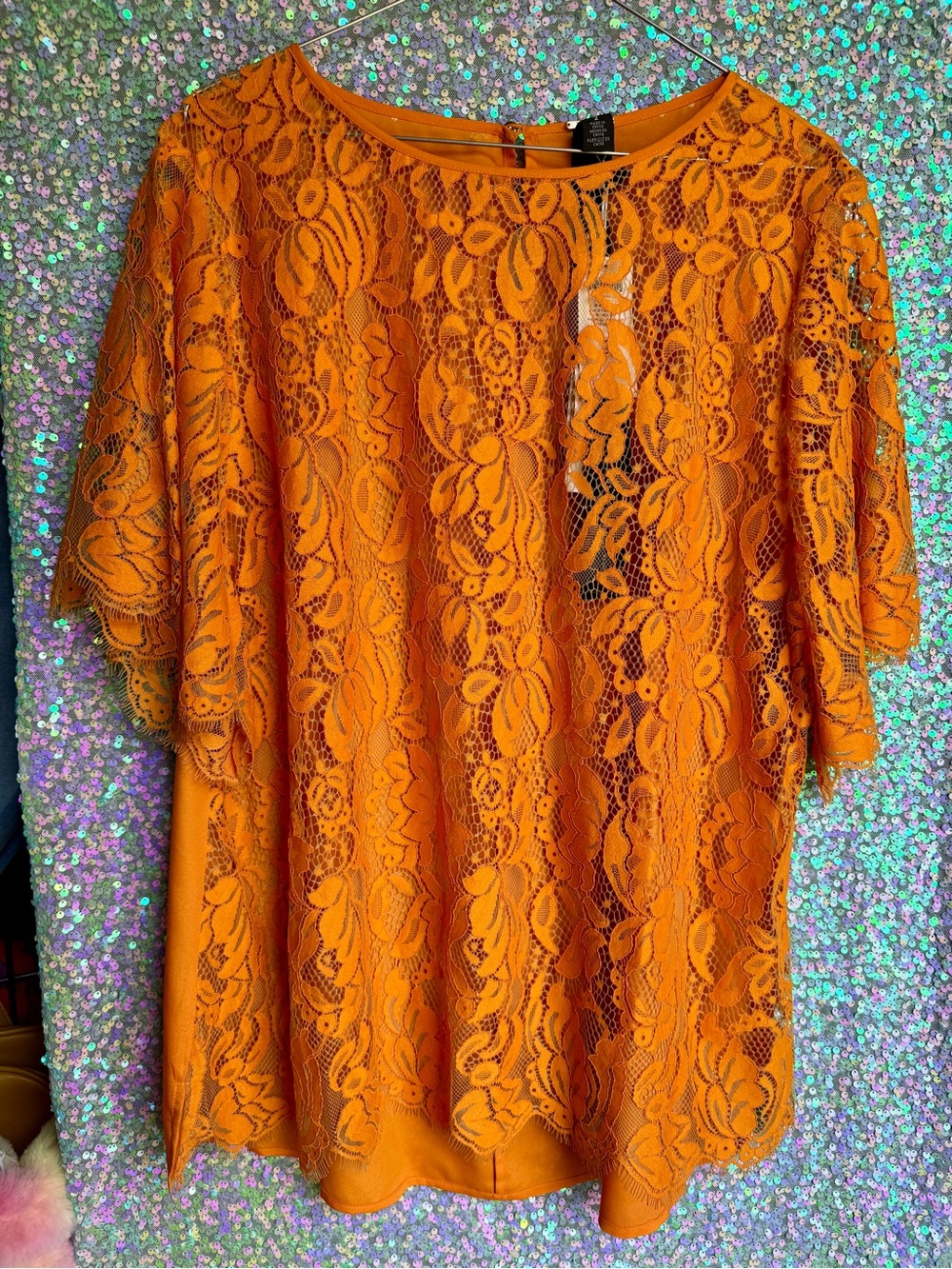 NWT Chico's Black Label Bright Orange Floral Lace Short Sleeve Top